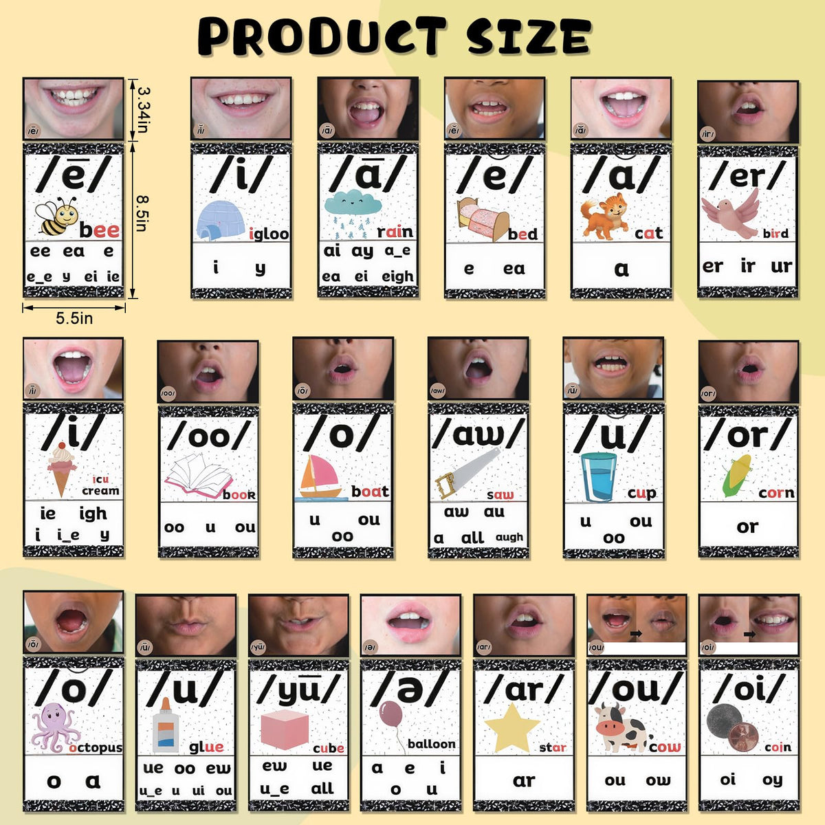 Ireer Composition Book Vowels Sound Wall for Classroom Neutral Phonics Kit, Science of Reading Posters for Classroom Decor, Kindergarten Speech Materials, Phonemic Awareness, Esl Teaching Material