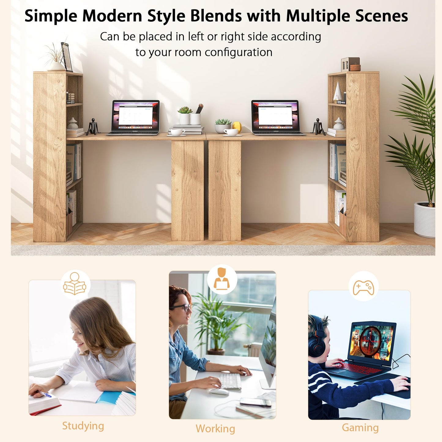 Tangkula Computer Desk with Bookshelf, Writing Study Desk with Storage Shelves & CPU Stand, Modern Compact Computer Workstation for Home & Office, Space-Saving Design(Natural)