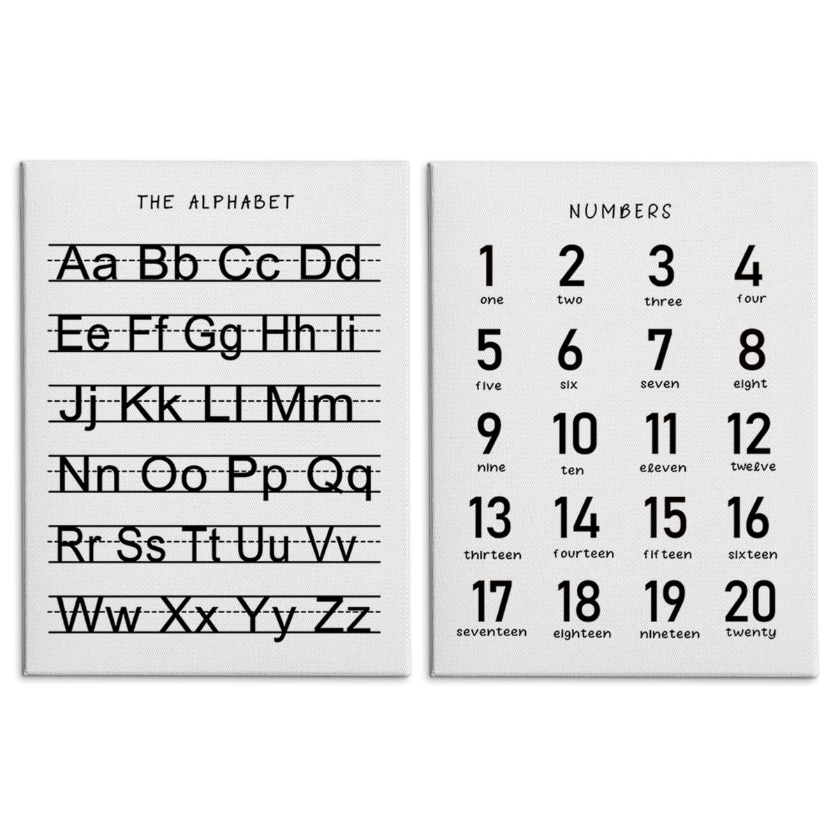 HRQKO Alphabet Numbers Nursery Canvas Wall Art Set of 2, Kids Room Decor Framed Art, ABC Numbers Learning Posters Wall Decor for Classroom Toddler Kids Nursery Bedroom Playroom, 11x14 inch