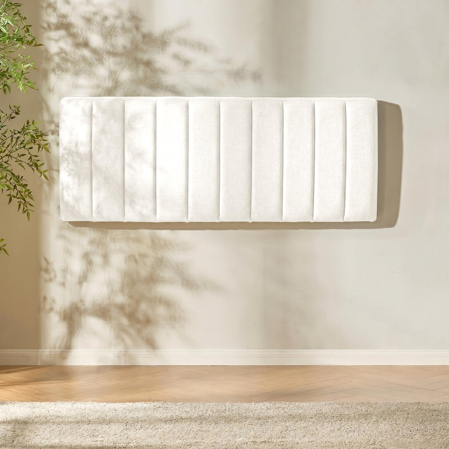 Hearth & Harbor Upholstered Queen Headboard - Easy Assemble Channel Stitched Headboard Queen Size - Wall Mounted Headboards with 3D Soundproof Wall Panels Peel & Stick Floating Headboards, Off White