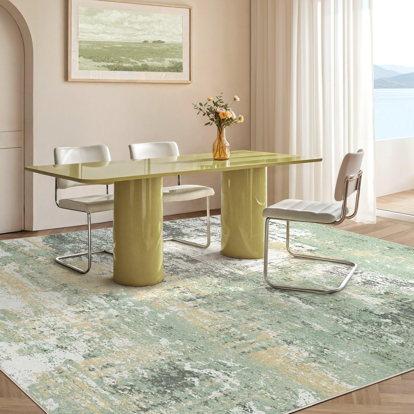 Micgeek Area Rug Living Room - 8X10 Abstract Washable Large Soft Foldable Non Slip Rug Neutral Modern Low Pile Carpet for Bedroom Nursery Dining Room Farmhouse Home Office Indoor - Green