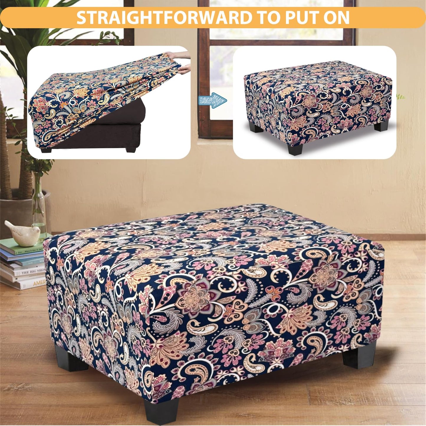 TOPHMDECOR Ottoman Cover Rectangle Printed,Stretch Footstool Slipcover with Elastic Bottom,Soft Fabric Protector for Rectangular Ottoman in Living Room or Bedroom,Medium,Flower H