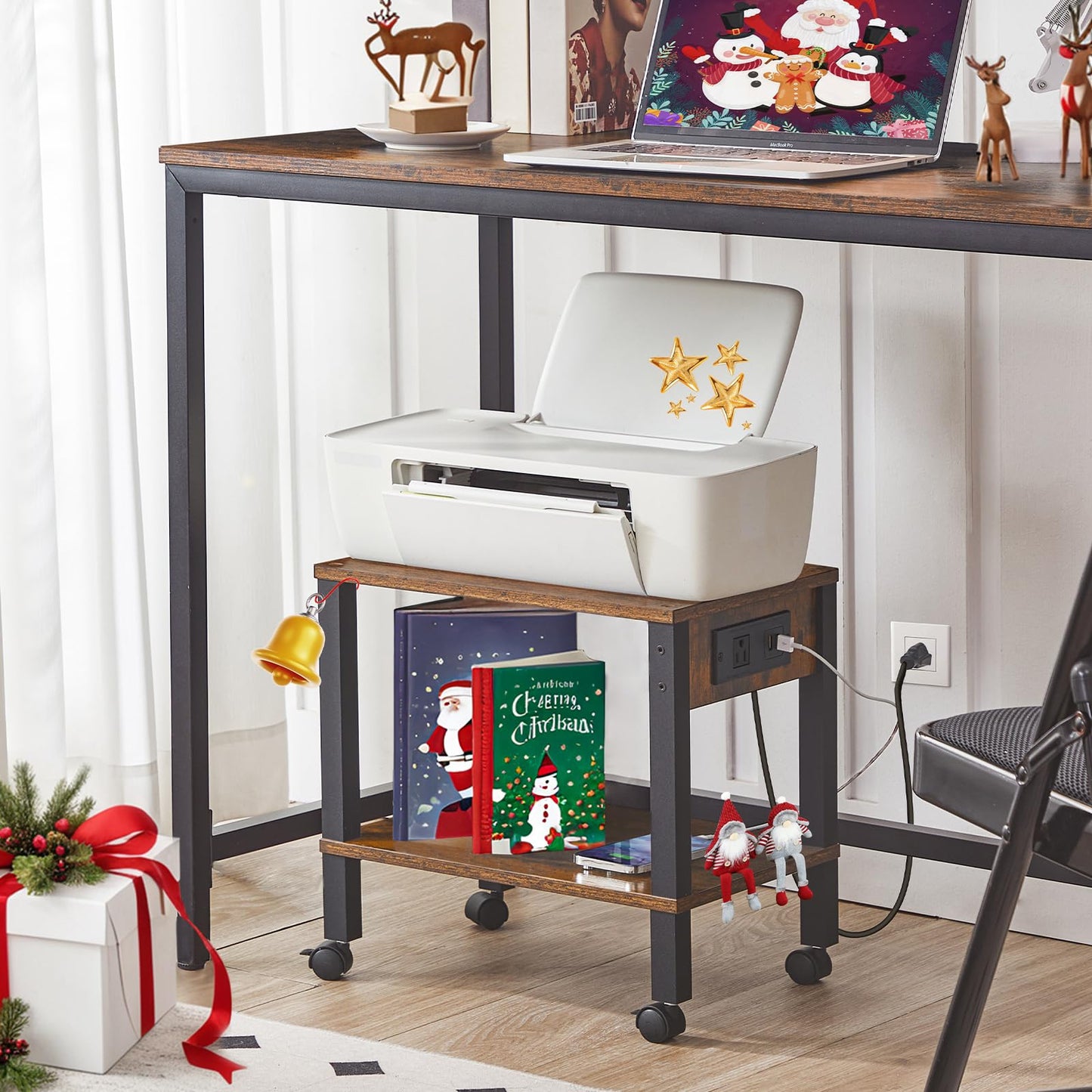 HOOBRO 2-Tier Printer Stand with Charging Station, Under Desk Printer Table, Printer Cart with Storage Shelves, Shelf for Small Spaces, for Home Office, Rustic Brown and Black BF38UPS01