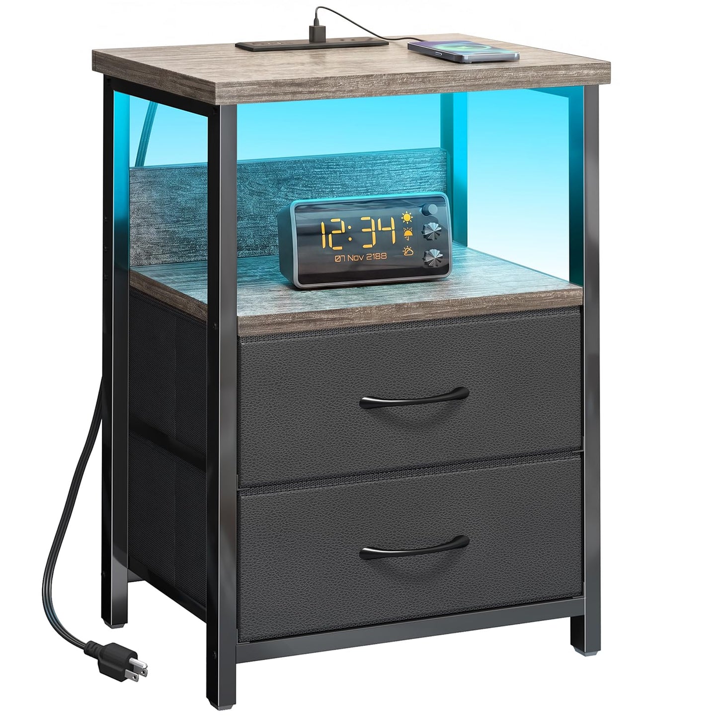 Fixwal Night Stand with Charging Station, LED Nightstand with U-S-B Ports and Outlets, 2 Fabric Storage Drawers with PU Finish, Bed Side Table, French Oak
