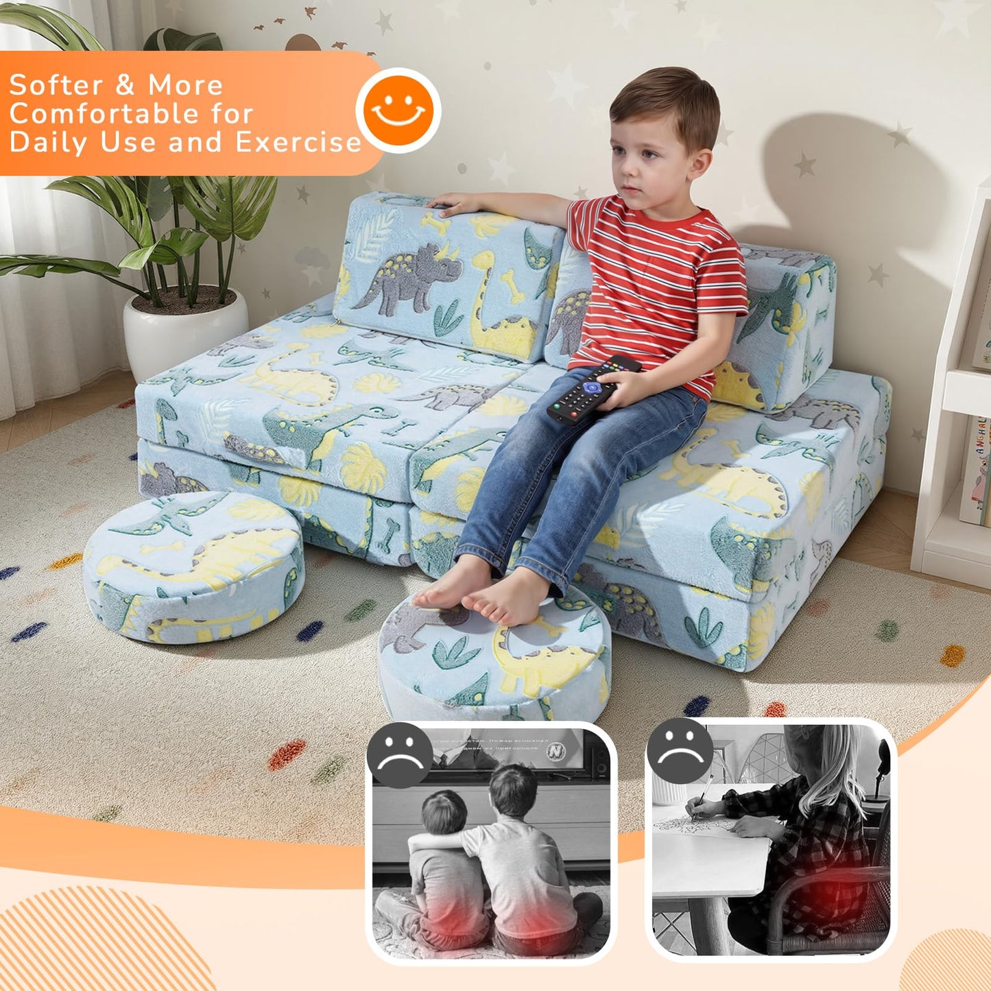 MeMoreCool Kids Couch, Blue Dinosaur Modular Foam Play Couch, Ages 3+