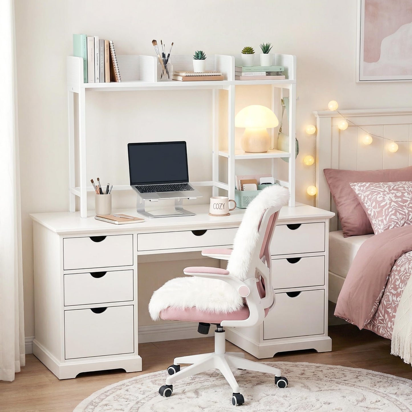 BOLUO Desk Hutch Dorm Room, Desktop Bookshelf for Computer Desk 37" Hutch Organizer Tabletop Storage Rack for College Essentials Home Office White