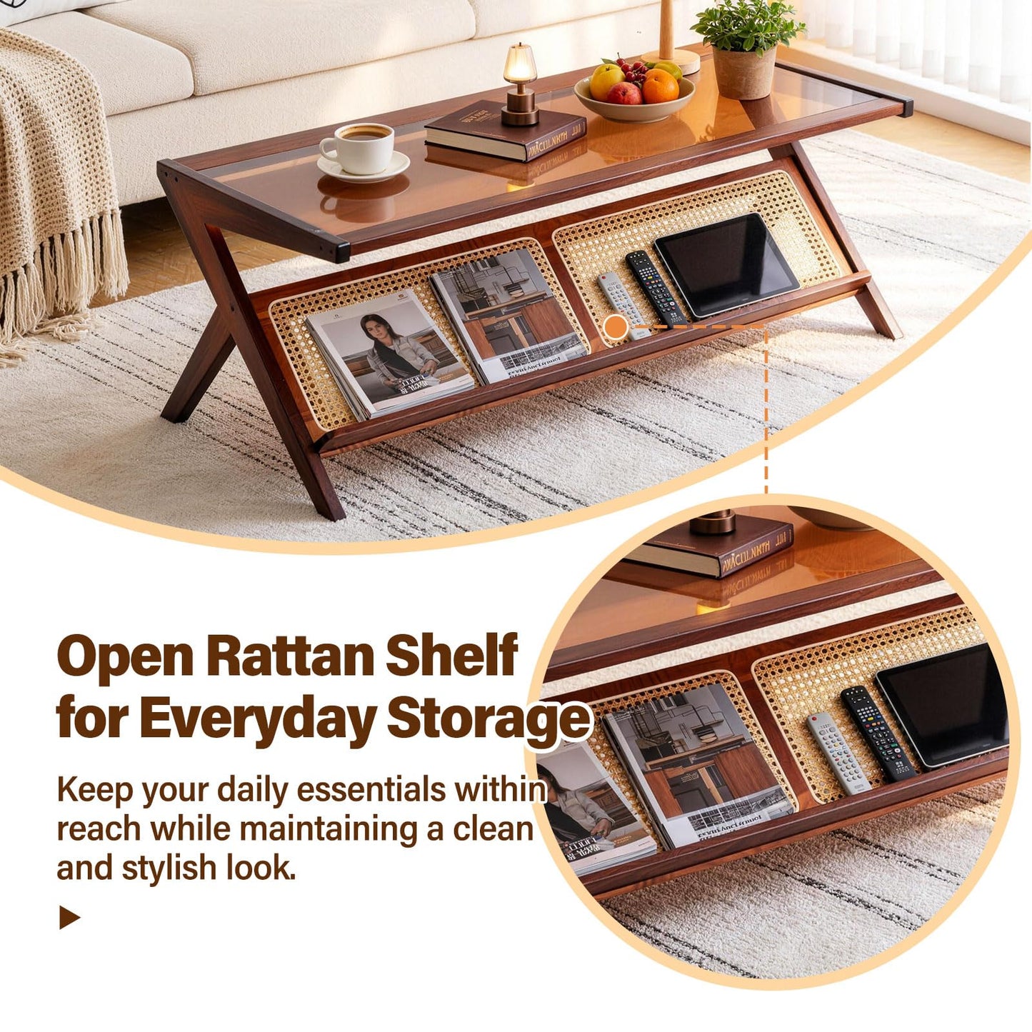 Tiita Rattan Coffee Table, Bamboo Accent Bedside Tables, Glass Nightstand Side Table, Boho Wooden End Table with Storage for Living Room,Living Room, Dining Room, Tea, Home Décor