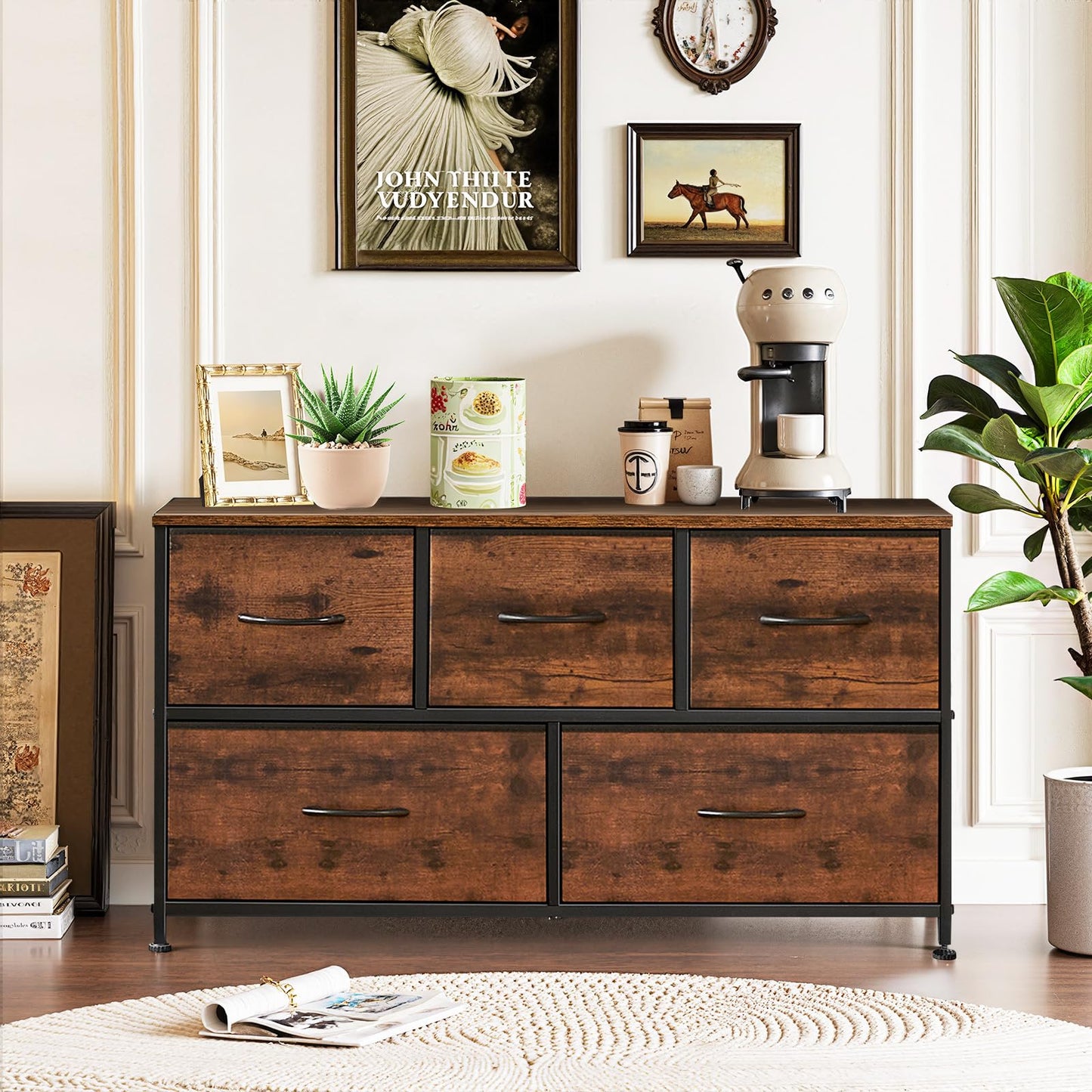5-Drawer Dresser for Bedroom, Anti-Tip Wide Storage Organizer Fabric Chest of Drawers TV Stand for 45" TV with Wooden Top and Metal Frame for Closet, Living Room, Hallway, Entryway, Brown