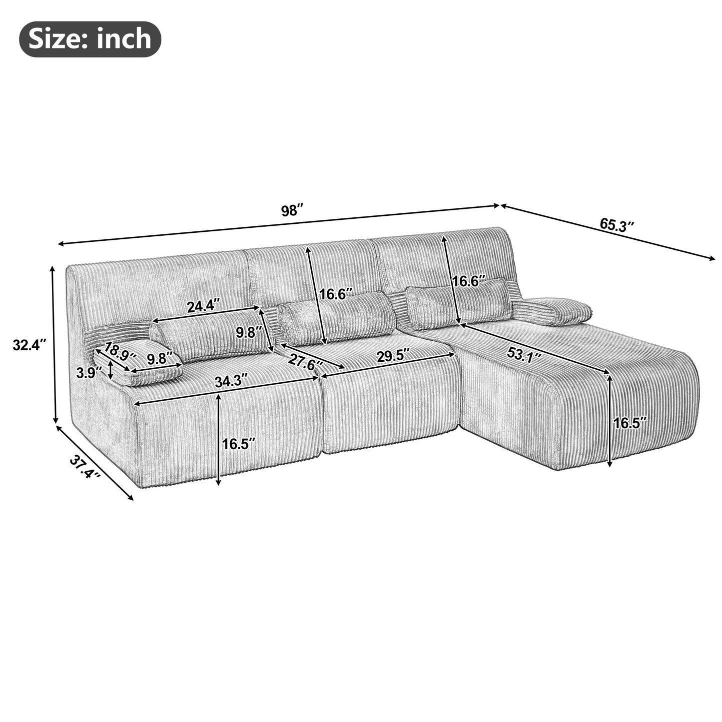 Merax Modern 98 Inch L-Shaped Convertible Sofa with Chaise and Pillows, Boneless 3-Seat Sectional Sofa Couch with Ergonomic Curved Seat & Backrest, Couch Set for Living Room, Coffee