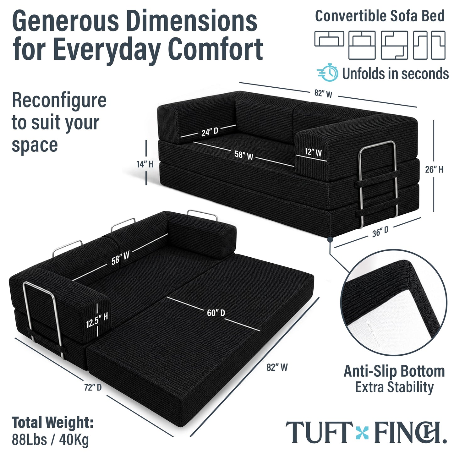 TUFT & FINCH Black Boneless Couch Sofa Bed - 82" Modular Corduroy Convertible Sleeper Sofa for Living Room – 3 Seater Folding Couch Bed, Pet-Friendly Removable Washable Covers, CertiPUR-US Foam