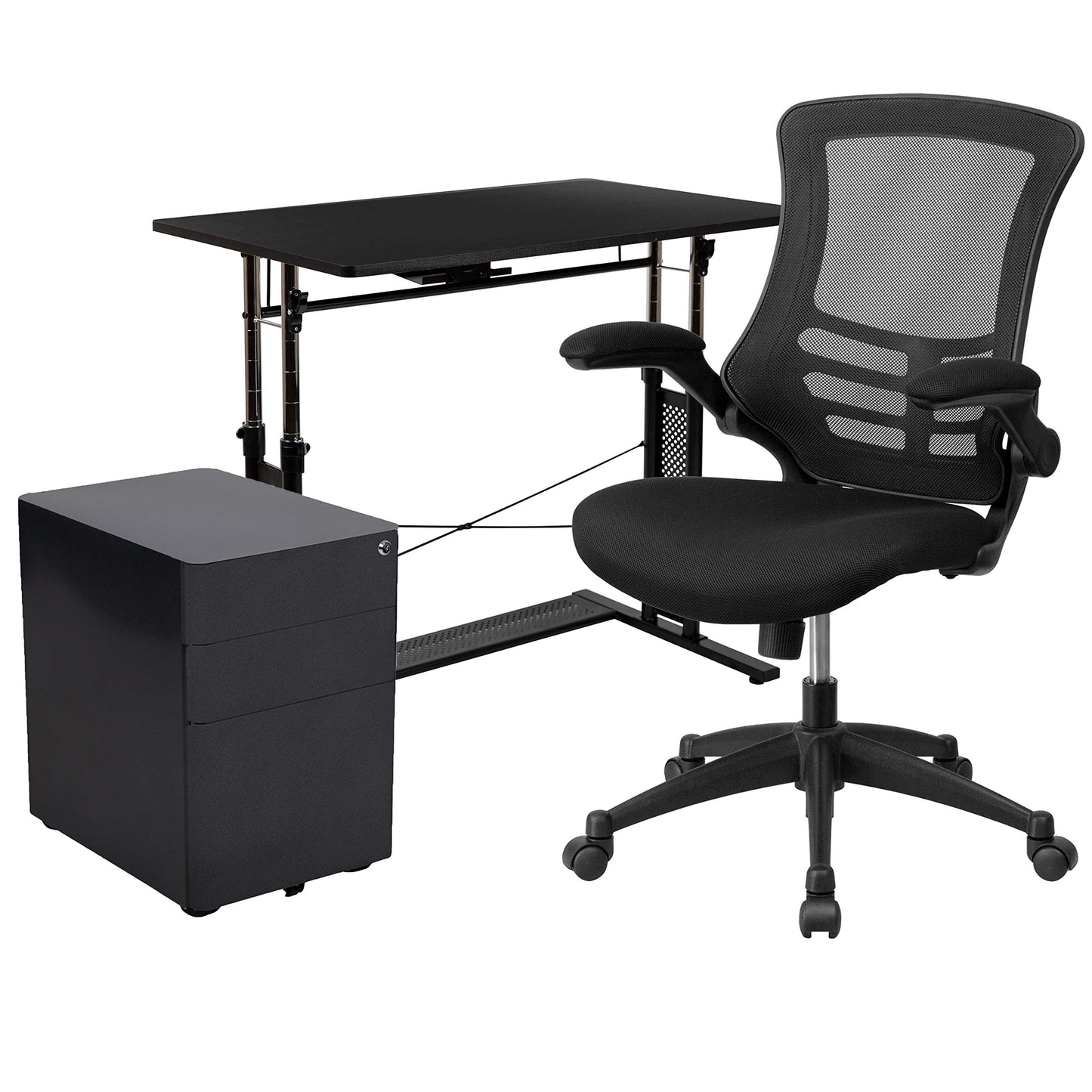 Flash Furniture Work From Home Kit - Adjustable Computer Desk, Ergonomic Mesh Office Chair and Locking Mobile Filing Cabinet with Side Handles