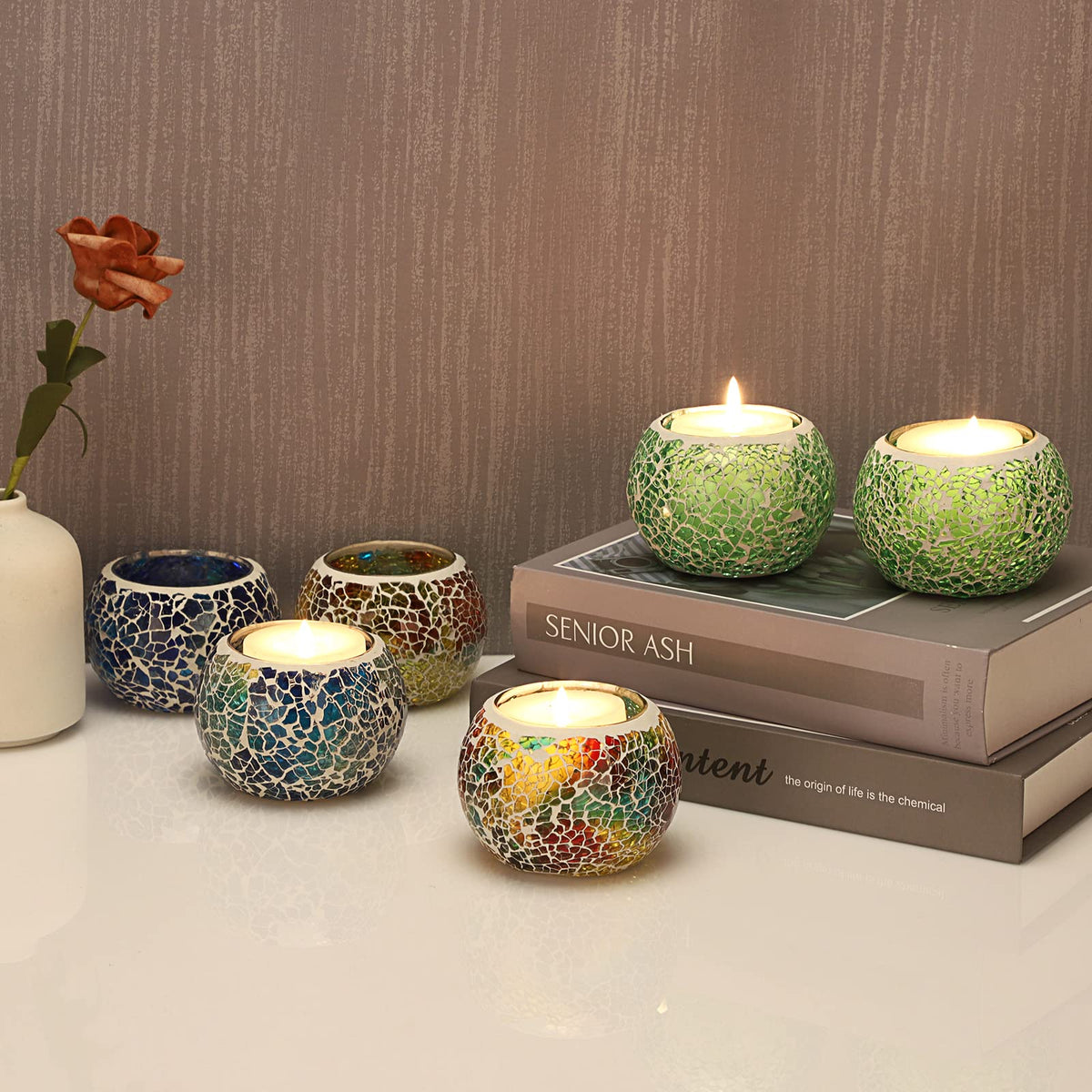 OwnMy 6PCS Mosaic Glass Tealight Holders: Round Votive Candle Holders & Stands for Table Centerpieces, Multicolor Glass Mosaic Tealight Holders, Small Potted Plant Bowl Candle Vases
