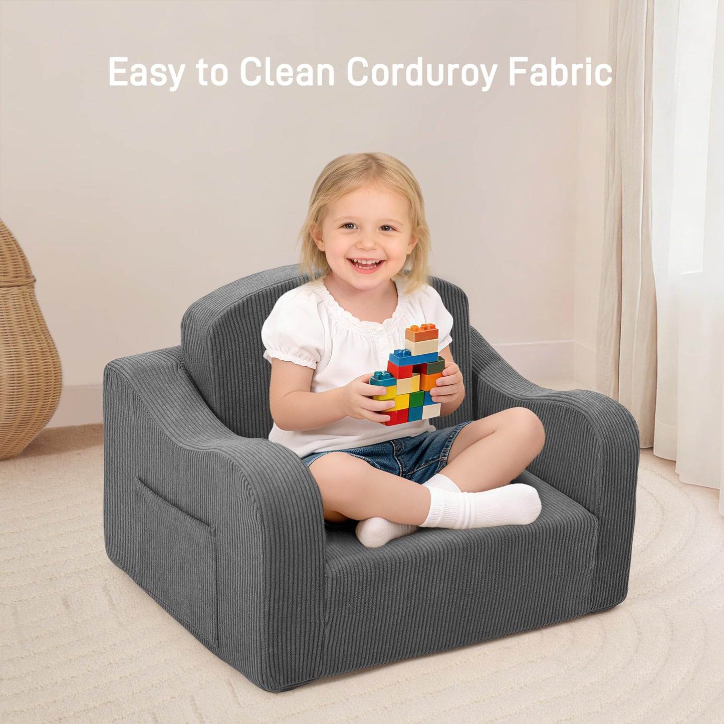 aodisman 2-in-1 Kids Chair and Couch, Thick Cozy Corduroy Kids Sofa, Convertible Foam Seating for Reading, Playing, Removable Washable Cover,Grey