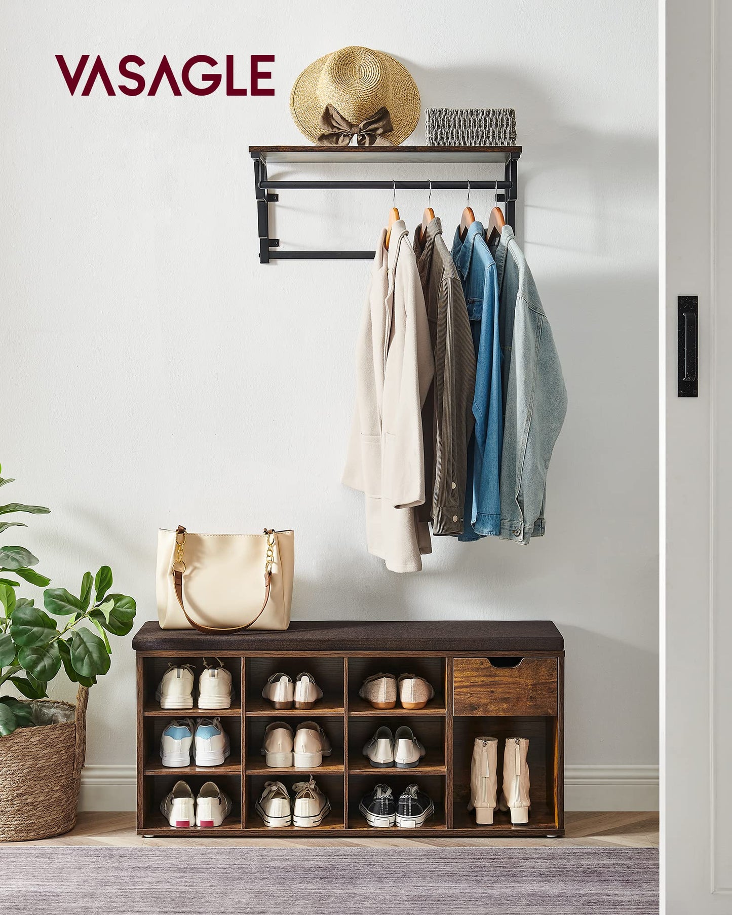 VASAGLE CUSTOS Collection - Storage Bench, Entryway Bench with Cushion, Drawer and Open Compartments, Bench with Storage, Living Room, Bedroom, Closet, Rustic Brown and Chestnut Brown ULHS024T01