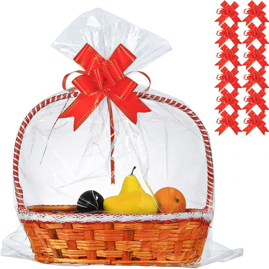 30 Packs 32 x 40 Inches Extra-large Gift Wrap Cellophane Bags for Basket Jumbo Clear Cellophane Wraps Clear Huge Cello Bags for Basket, Gift, Christmas Tree, Treat, Art and Craft, 30ct Red Ribbon Bows