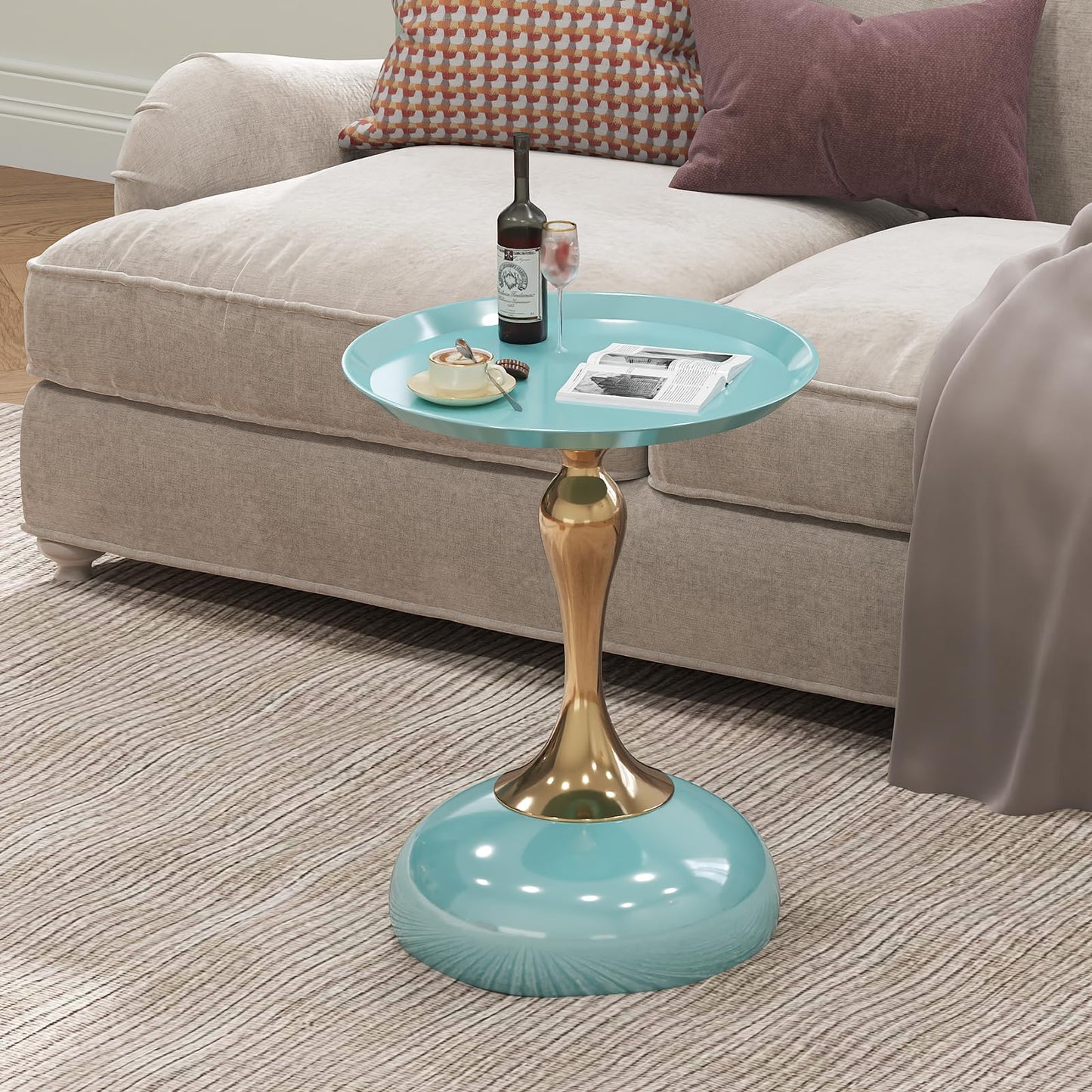 wangbochuan 1-Pack Light Green Sleek Hourglass Side Table - Glossy Finish & Metallic Base | Contemporary Accent End Table for Living Room, Cafe & Home Decor Spaces
