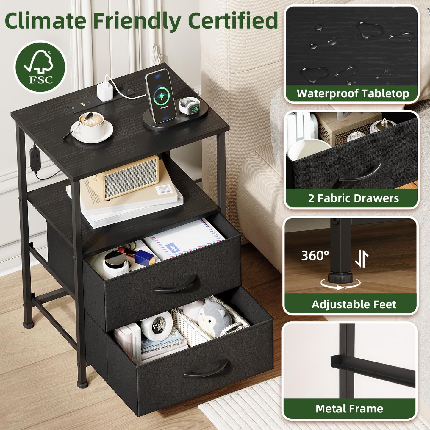Somdot Black Nightstand with Charging Station and LED Light for Bedroom, 2 Drawers Dresser with Fabric Bins for Bedside Kids Dorm Room Closet Laundry Entryway, Black