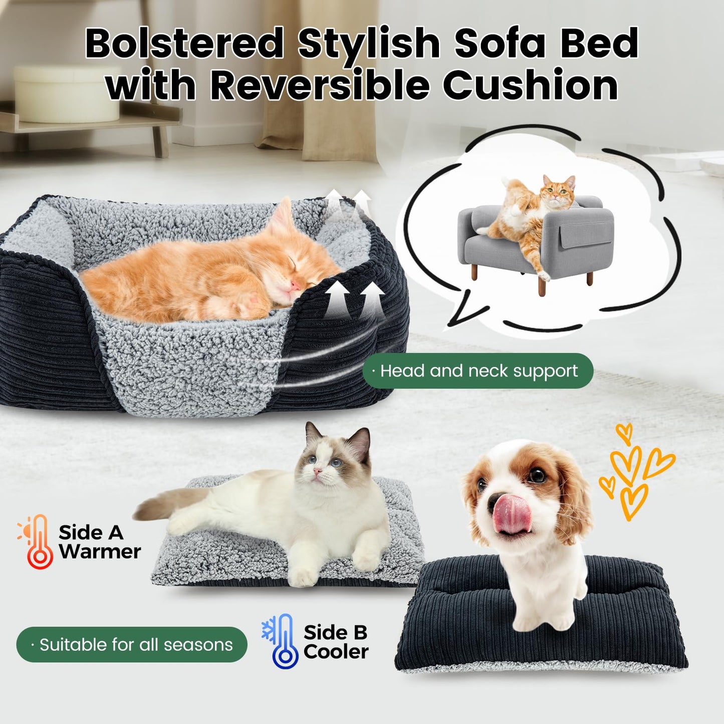 Miguel Washable Dog & Cat Bed with Removable Cushion for Medium & Small Dogs, Easy to Wash Pet Sofa Bed with Side Bolster, Anti-Slip Bottom, Black, 30 Inch