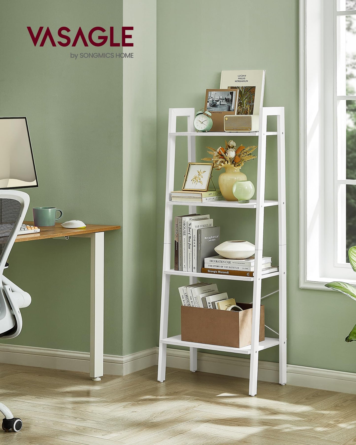 VASAGLE BARNET Collection - Ladder Shelf, Bookshelf, Storage Rack, Modern Bookcase for Living Room Home Office Kitchen, Steel Frame, 4-Tier, 22-Inch Wide, Maple White and Pearl White ULLS044W44
