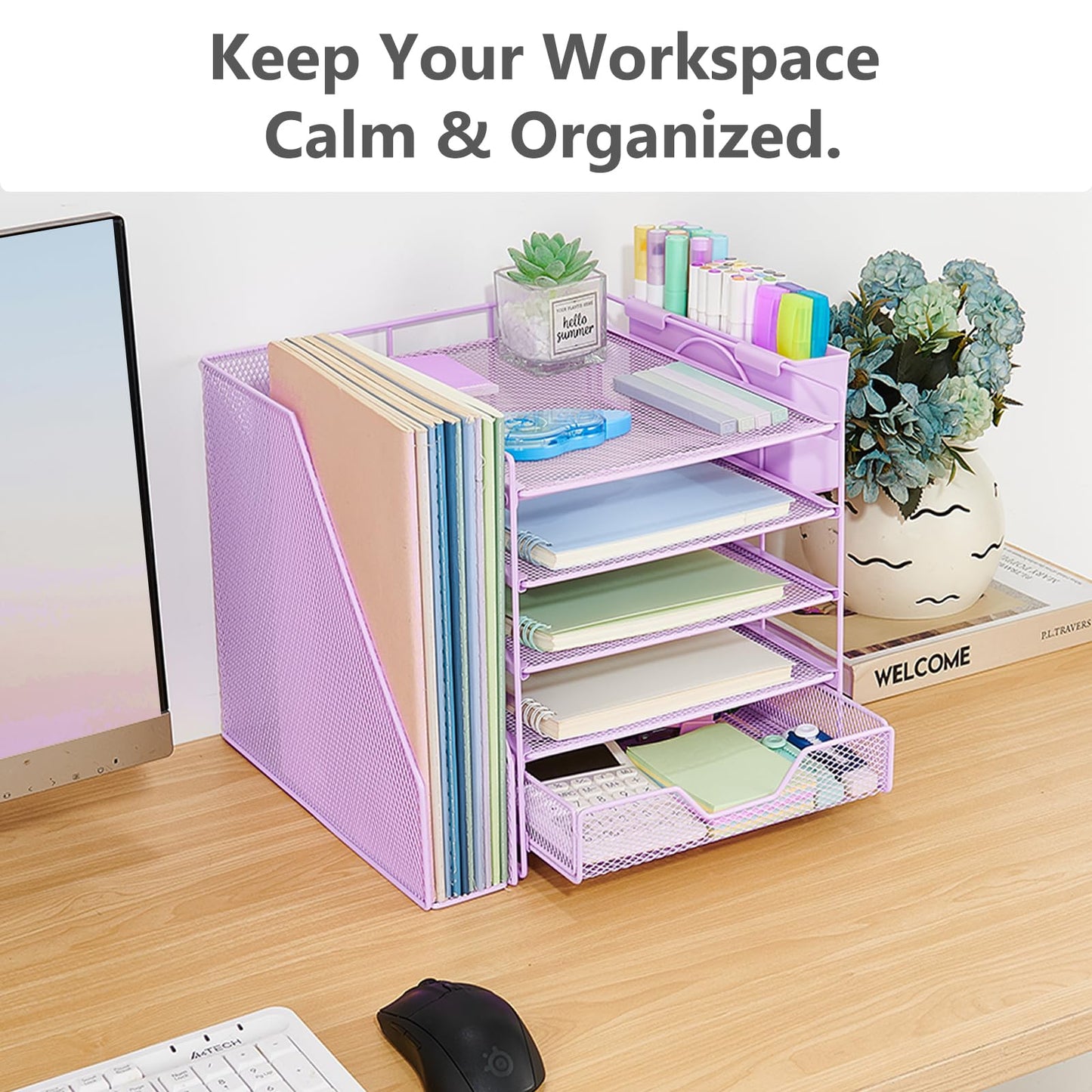 Gugsey Desk Organizers and Accessories, 5-Tier Paper Letter Tray Organizer with File Holder, Drawer & Pen Holder, Office Desk Accessories, Desktop Organizer for Classroom Office Supplies, Purple