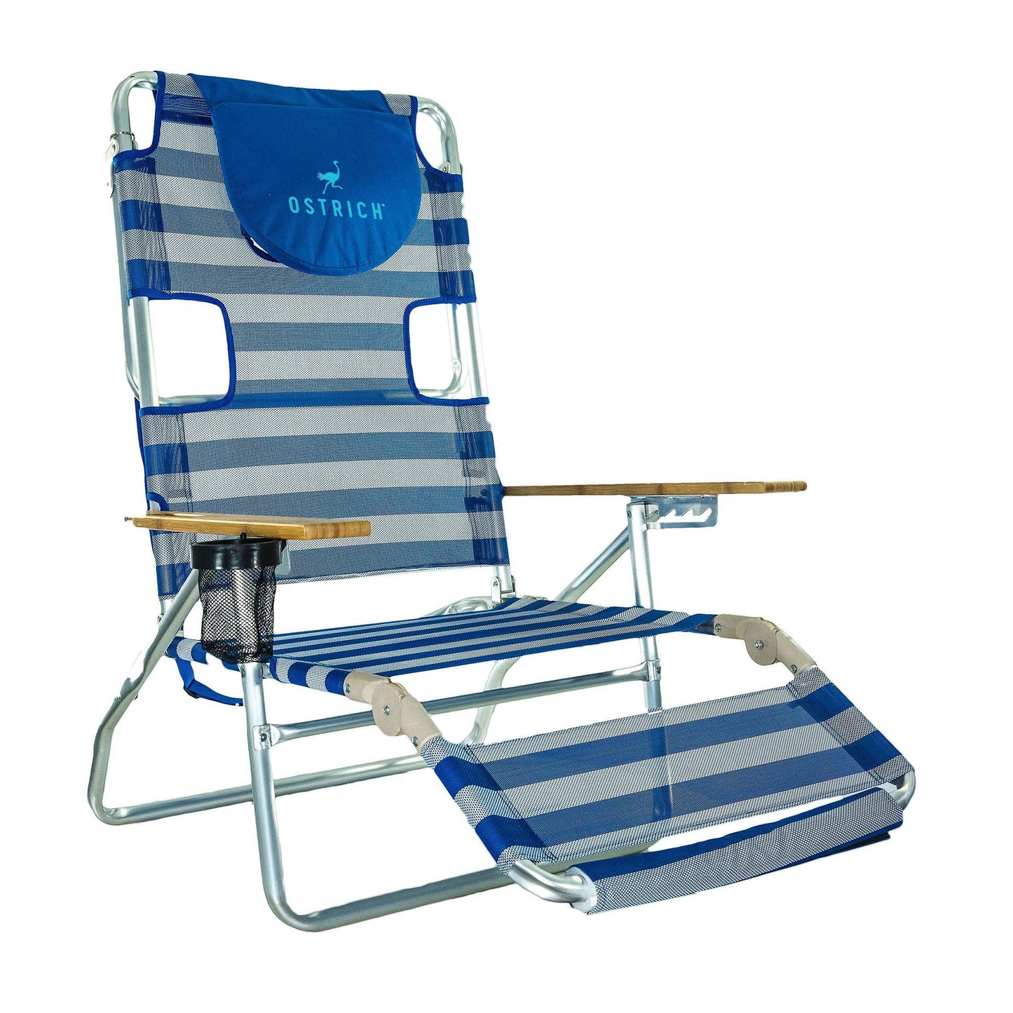 Ostrich the Original 3N1 Lightweight Beach Reclining Lounge Chair with Footrest, Outdoor Furniture for Patio, Balcony, Backyard, or Porch, Blue Stripe