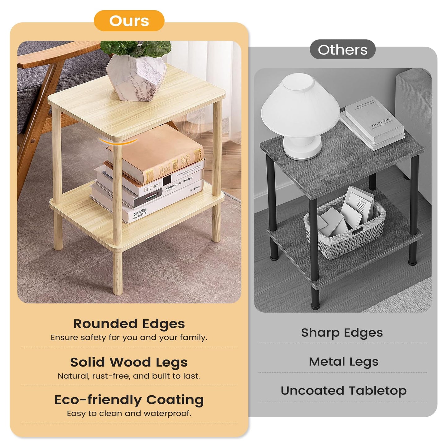Apicizon 2 Tier End Table, Small Side Table with Solid Wood Legs, Boho Bedside Table with Storage Shelf, Nightstand for Small Spaces, Bedroom, Living Room, Entryway, Easy Assembly, Light Natural