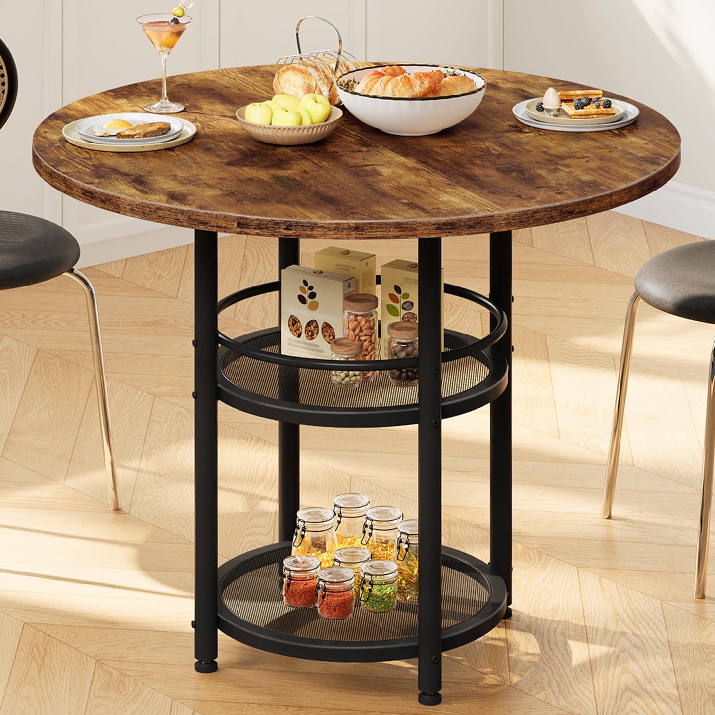 HOOBRO Dining Table, Round Dining Table for 2, 31.5" Kitchen Table for Small Spaces, Farmhouse Small Dining Room Table, 2-Tier Storage, Easy to Assemble, for Living Room, Rustic Brown BF19CZ01