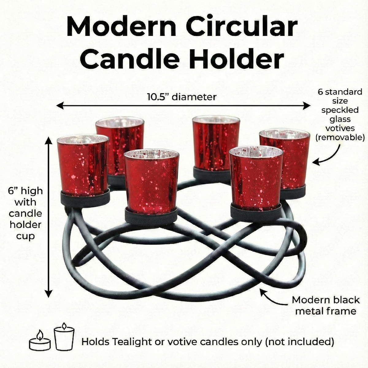 Seraphic Centerpieces for Table Decorations - Round Candle Holders for Outdoor Patio, Dining, Kitchen, Coffee & Wedding Table Decor, Black Iron Candelabra, 6 Red Glass Votive Tealight Cups