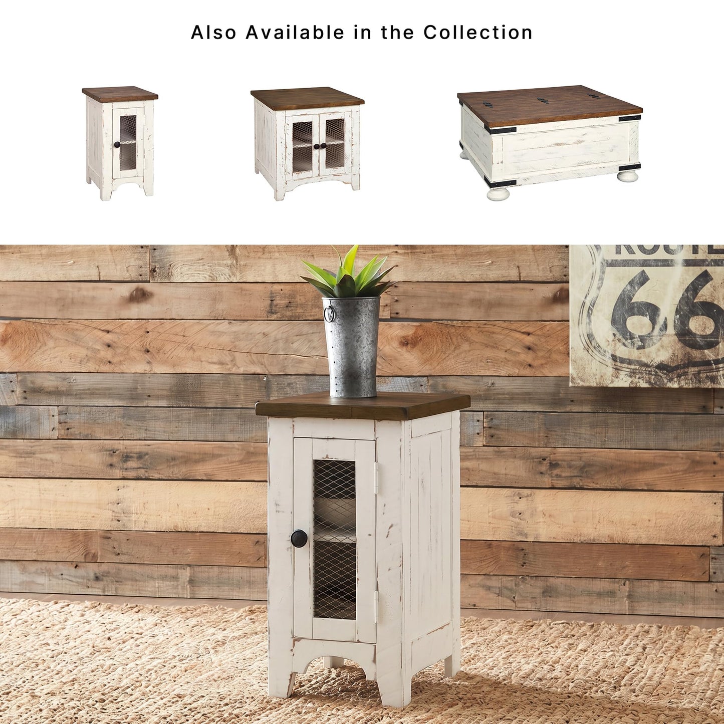 Signature Design by Ashley Wystfield Farmhouse Chair Side End Table with Cabinet Door for Storage, White & Brown with Distressed Finish