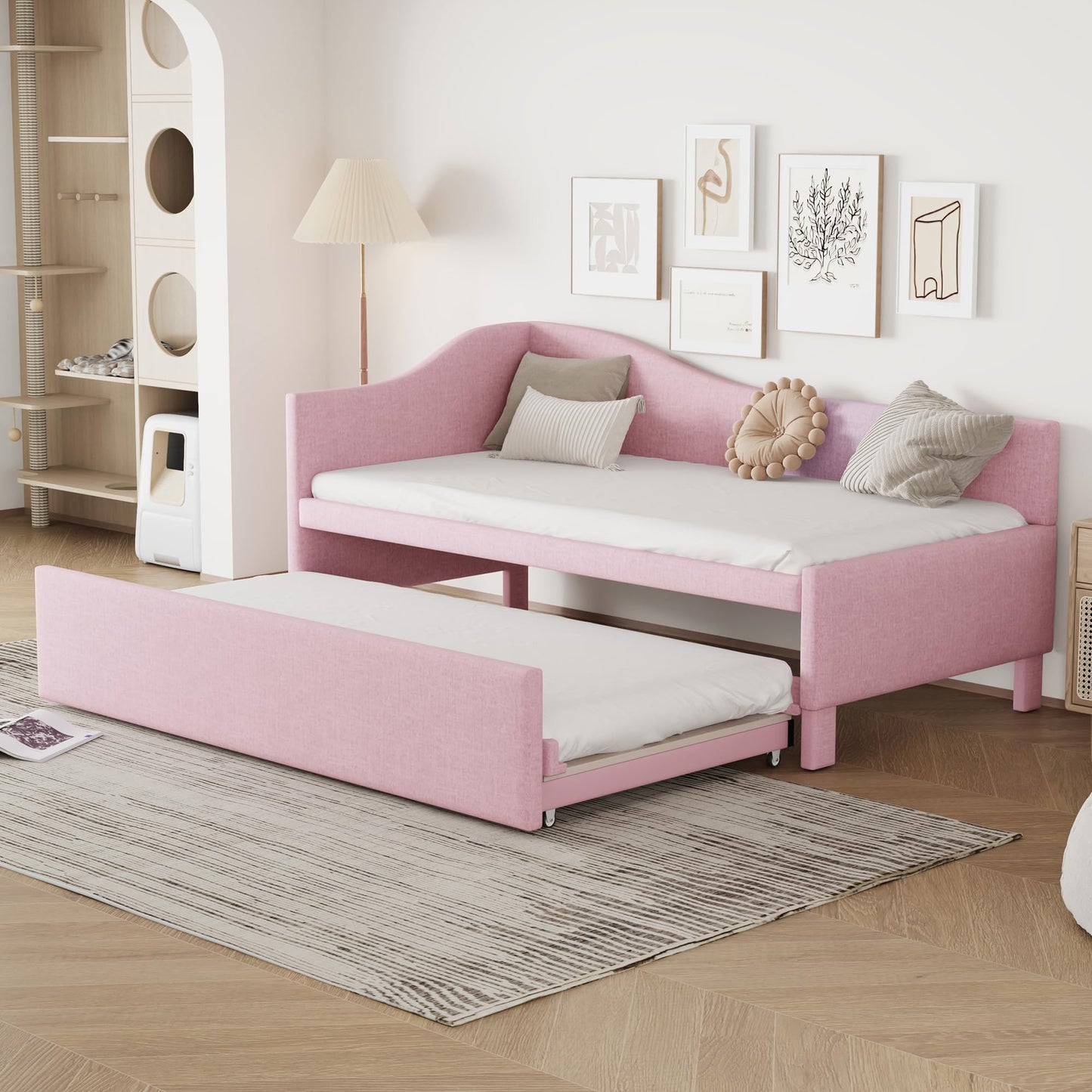 KOYVRY Day Bed with Pop Up Trundle Bed Twin - Upholstered Daybed with L-Shaped Guardrail, Wooden Slats and Wheels, Daybed Couch for Guest Room, No Box Spring Required (Pink)