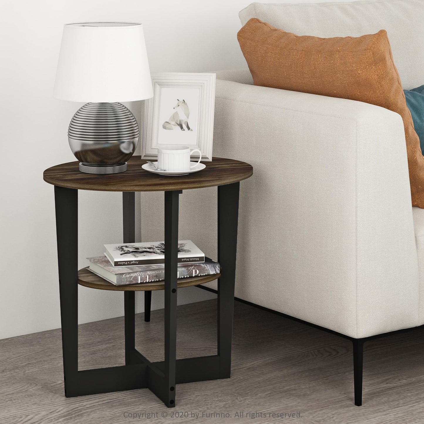 Furinno JAYA Side Table, 2-Tier Round Modern End Table with Oval Tabletop, Night Stand, Bedside Table with Open Shelf, for Living Room, Bedroom, Columbia Walnut