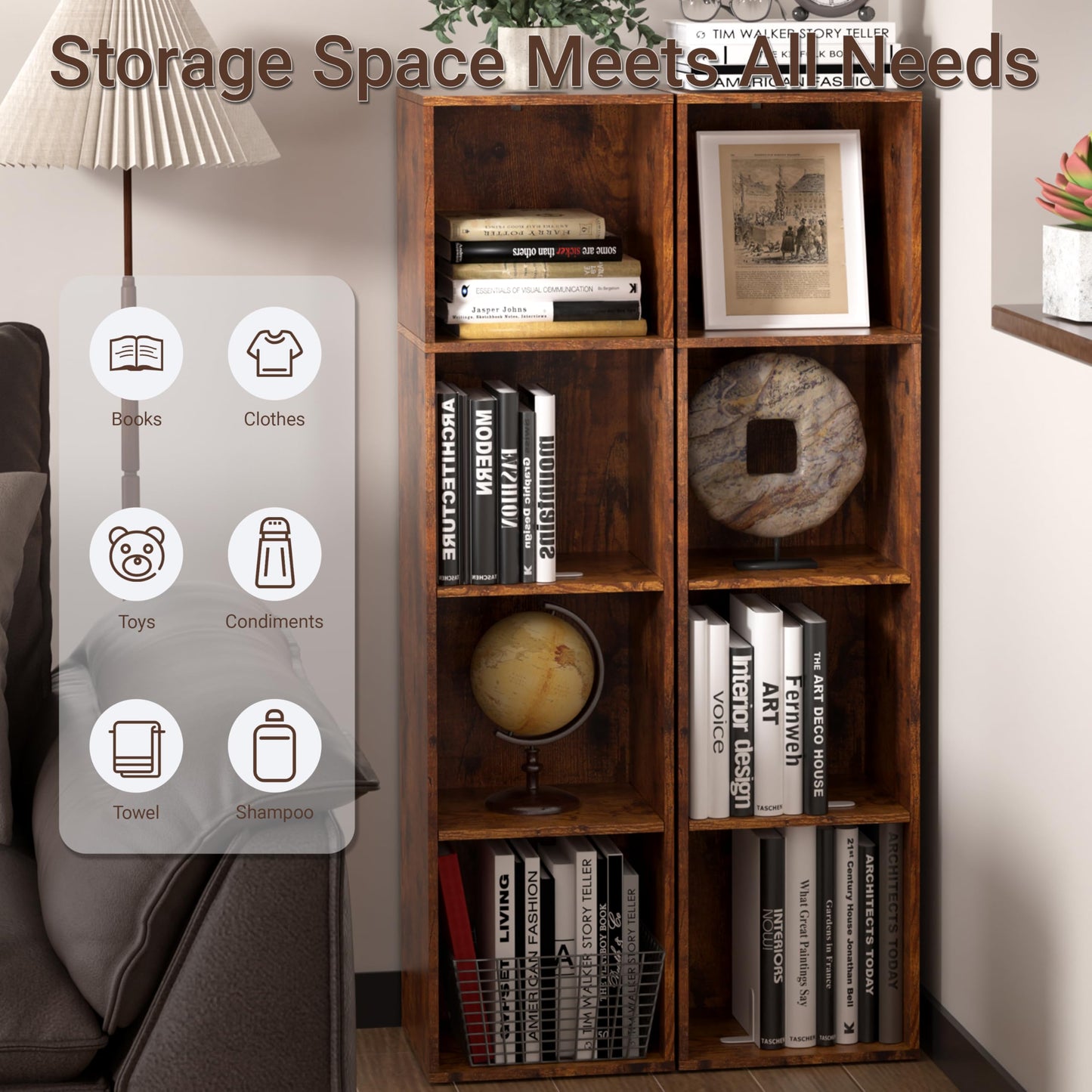 NewBeth Cube Storage Organizer, 4 Cube Retro Bookshelf, Freestanding 4 Tier Open Shelf, Rustic Brown Retro Shelves for Home Office, Bedroom, Living Room, Study