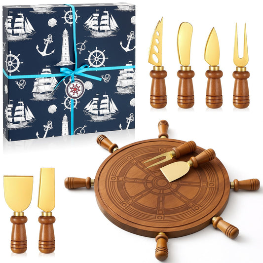 Ziliny Rudder Shaped Charcuterie Board Set Cutting and Cheese Board Wooden Platter with Knives and Forks Serving Trays Gift for Christmas Kitchen Food Fruit(Acacia)