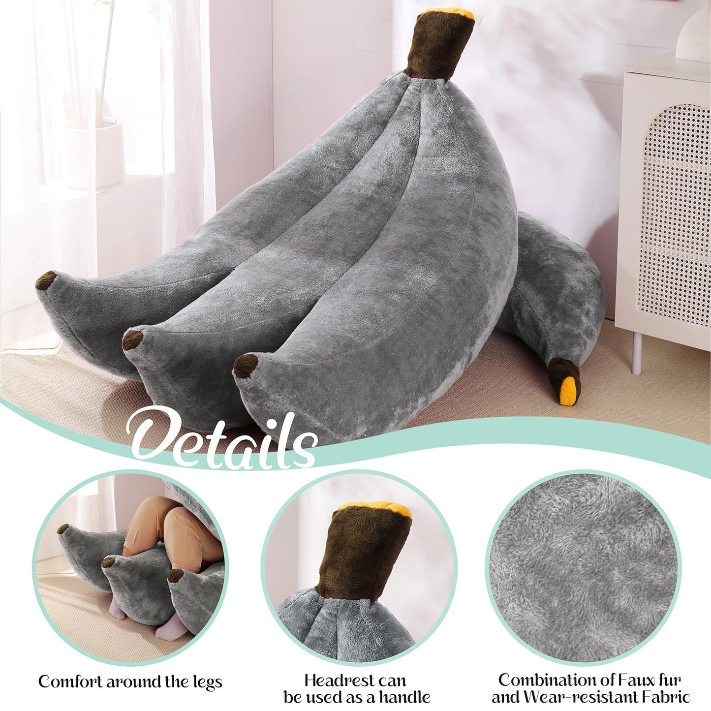 IEVENW Banana Bean Bag Chair with Ottoman, Floor Sofa Bed with Footrest, Comfy Convertible Lounger for Adults, Plush Couch for Bedroom, Living Room or Dorm, L-Grey