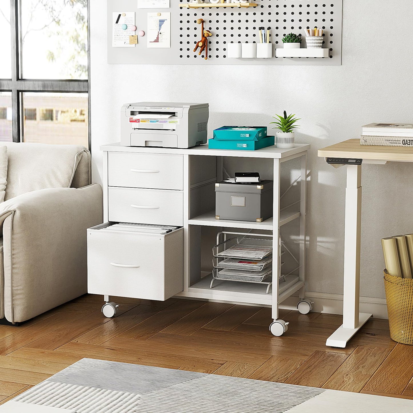 DUMOS 3 Drawer Mobile File Cabinet, Freestanding Fabric Lateral Filing Cabinet Fits A4/Letter Size, Space Saving Rolling Printer Stand with X-Frame and Open Storage Shelf for Home Office, White