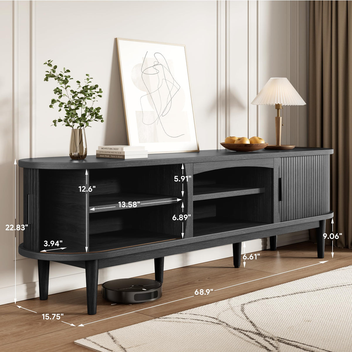Decofy Mid Century TV Stand for TVs up to 80 Inches, Entertainment Center with Storage, Power Outlet, Fluted Sliding Doors & Adjustable Shelves, Modern Media TV Console Table for Living Room (Black)