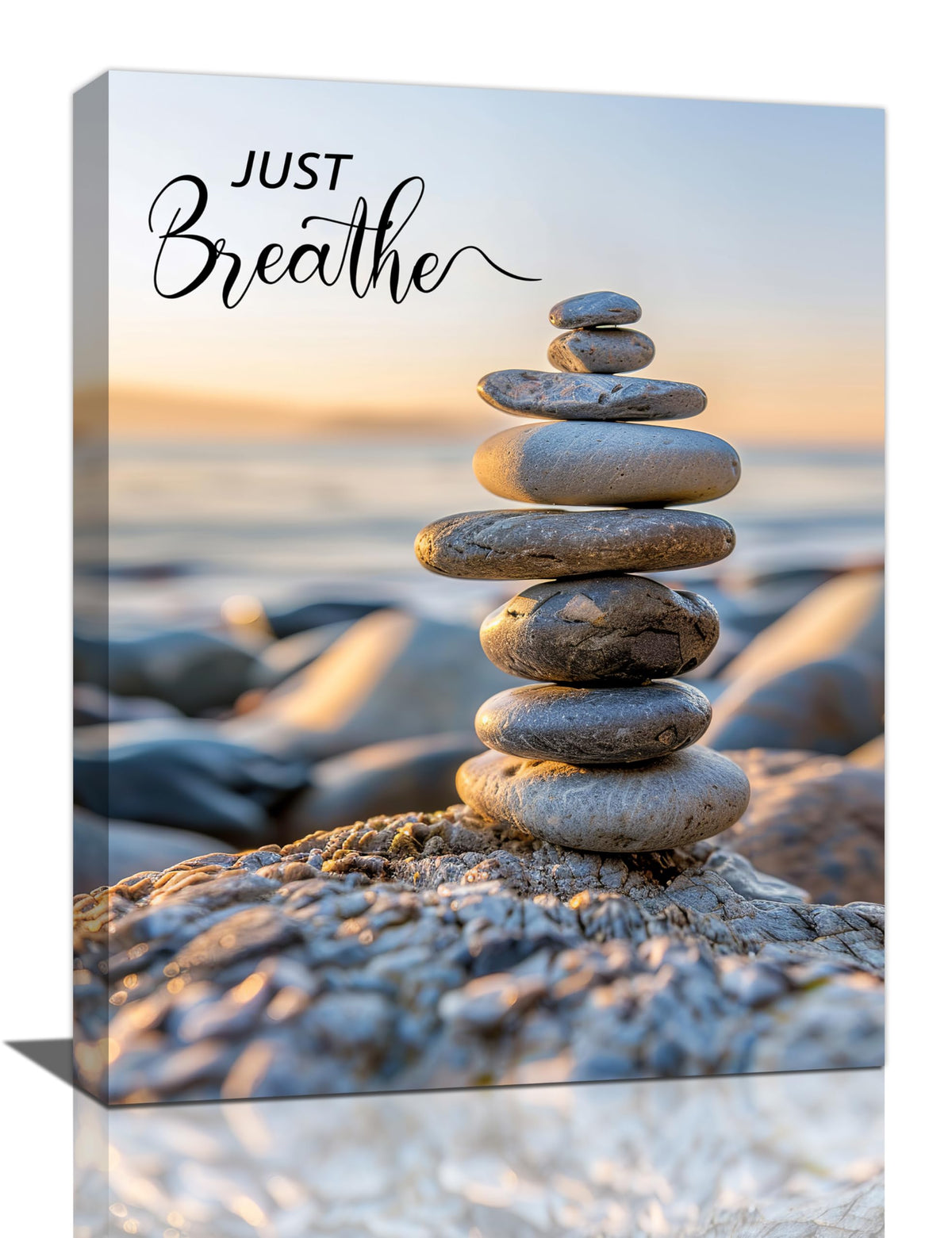 Zen Wall Art Spa Stone Just Breathe Pictures Canvas Wall Decor Meditation Yoga Painting Peaceful Home Modern Artwork Decorations Framed for Bathroom Bedroom Living Room Office 12 x 16 inch