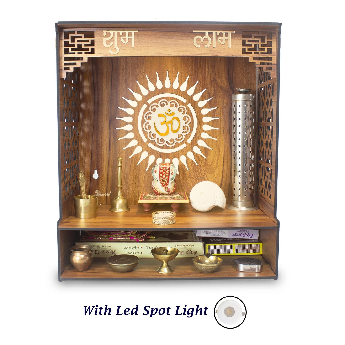 Heartily® PAVITR Beautiful Wooden Pooja Mandir for Home Temple for Home and Office Pooja Stand Modern Puja Mandir for Home Wall with LED Spot Light Size (18, L- 16, W-8.75 Inch)