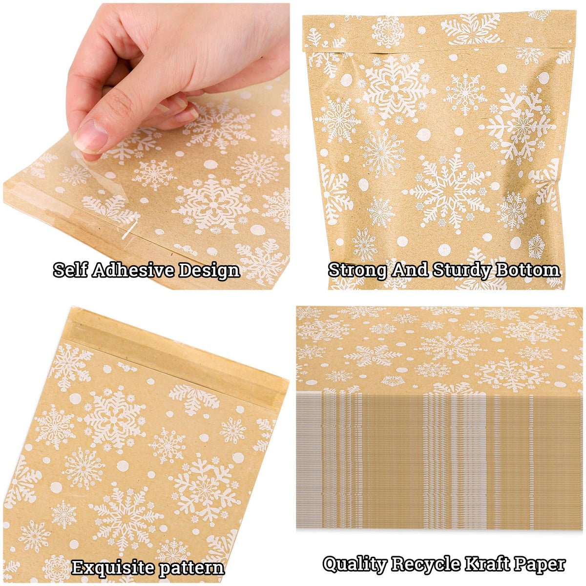 Whaline 100Pcs Christmas Kraft Treat Bags Self-Adhesive Winter White Snowflake Prints Goodie Snack Gift Bags Xmas Candy Buffet Kraft Bag for Holiday Party Favor Supplies
