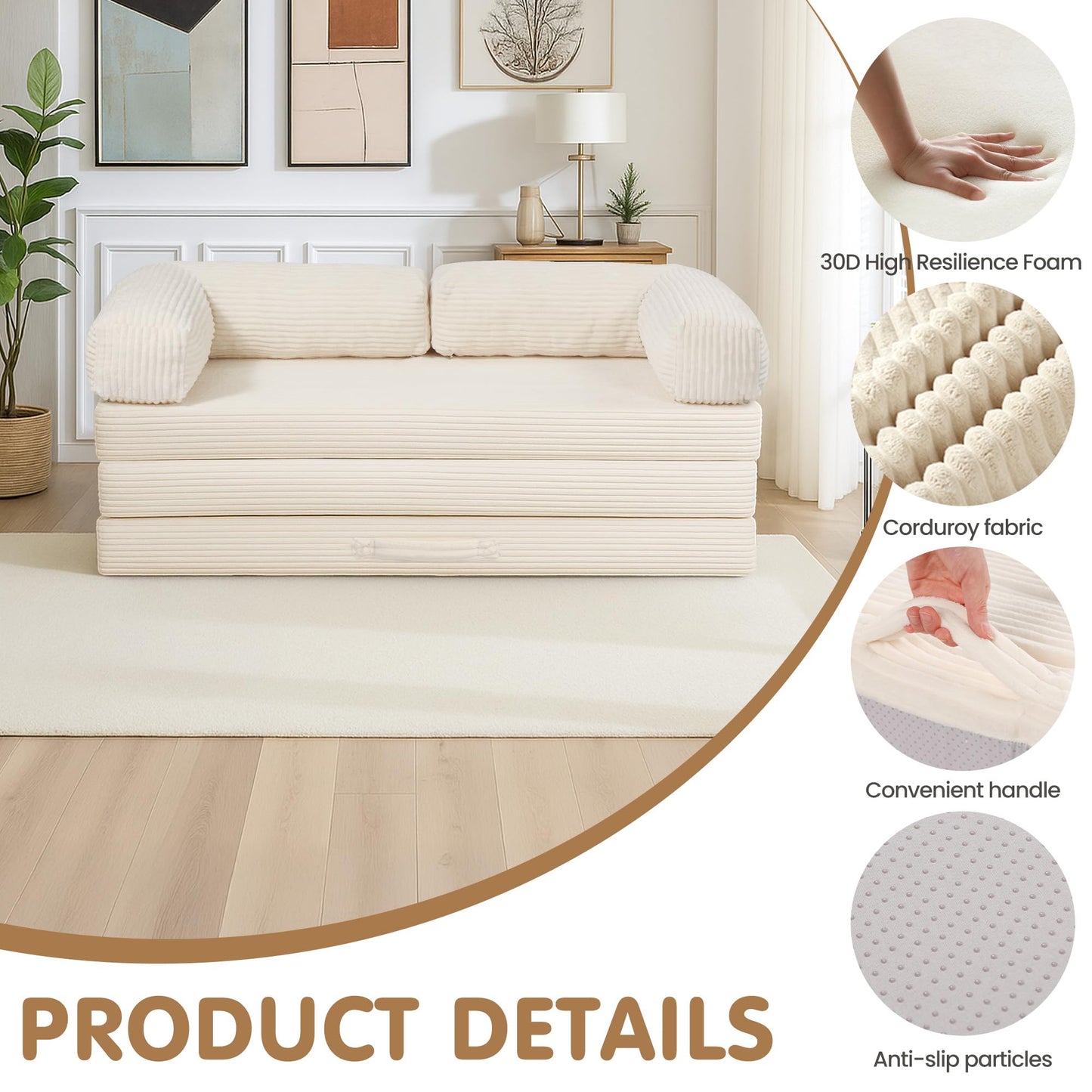 Convertible Sofa Bed Queen,5-in-1 Tri-Fold Boneless Couch with Removable Armrests & Handle,Corduroy Futon Sleeper Sofa,Floor Folding Mattress Pull Out Bed for Small Space Apartment Living Room Bedroom