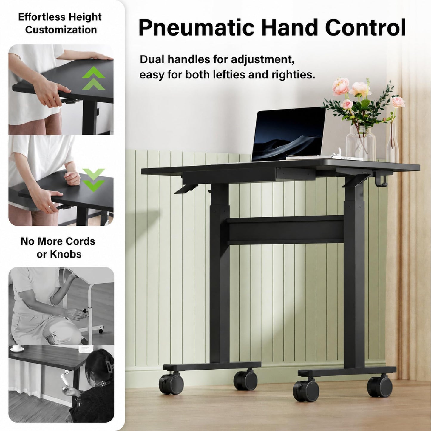DAWNYIELD Standing Desk for Walking Pad with Wheels, Pneumatic Cordless Height Adjustable Rolling Desk, Mobile Computer Workstation with Drawer Hook Locking Casters for Treadmill & Home Office, Black