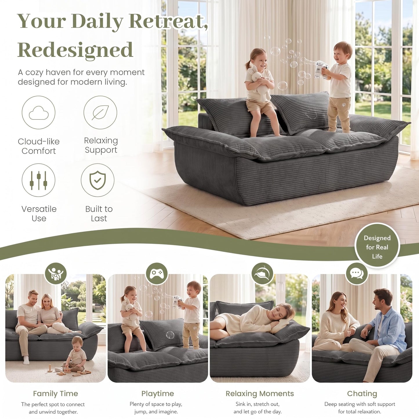 JUIKURY 55" Convertible Corduroy Sofa Bed, Boneless Foldable Loveseat Sleeper Couch, Compressed Foam Floor Sofa with Removable Cushions & Pillows for Small Space Living Room