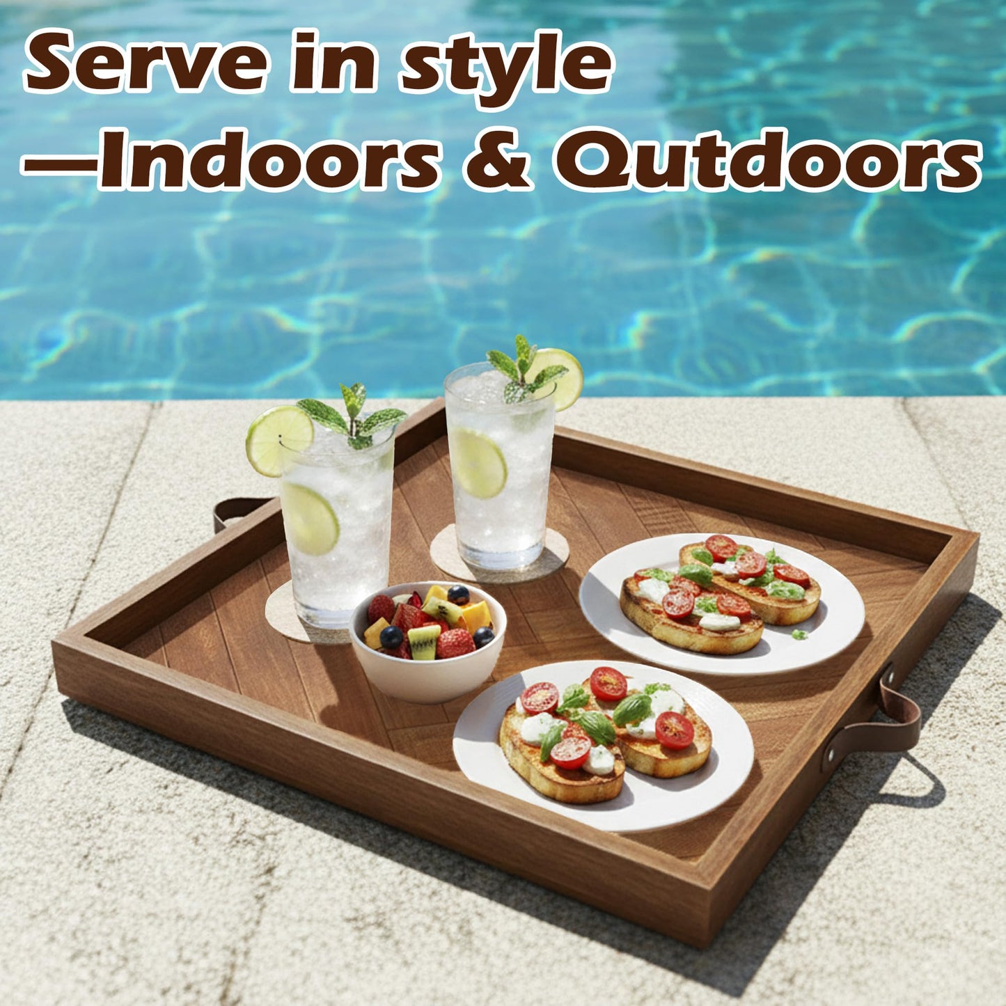 Large Square Ottoman Tray 24.5"x24.5", Wooden Ottoman Trays with Leather Handles, Rustic Decorative Storage Tray for Ottoman