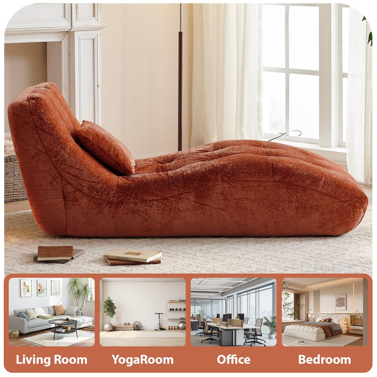 Huadeo Chaise Lounge Chair with Curved Back, Modern Upholstered Recliner Sofa, Tufted Accent Lounger Comfortable Lazy Chair for Bedroom, Apartment (Orange)