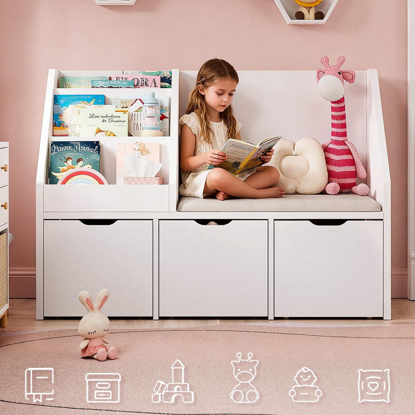 Teckid 40 Inch Kids Toy Organizer with Bookshelf, Cushioned Reading Bench, 3 Movable Drawers and Hidden Wheels, White