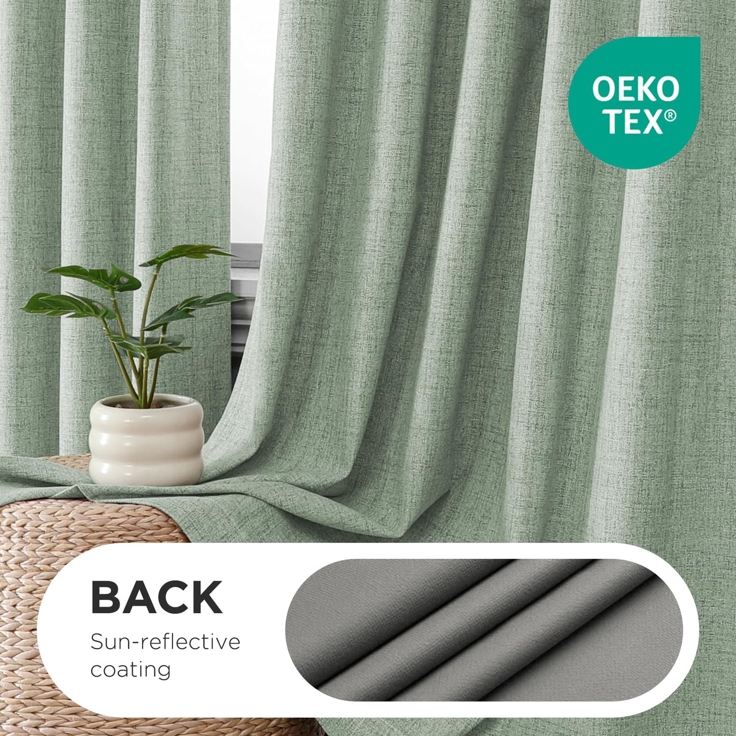 Joydeco Pinch Pleated Curtains - 100% Blackout for Bedroom, Sage Green Linen Curtains 40" W x 90" L, Thermal Insulated 2 Panels Light Blocking Drapes, Back Tabs for Living Room