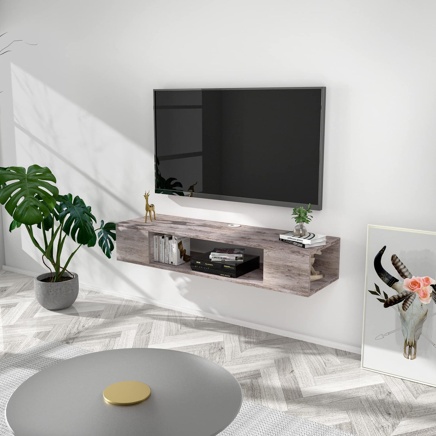 GHC Floating TV Stand, Wall Mounted Entertainment Center and Cabinet Shelf, TV Console with Storage, Media Console for DVD Player, Space-Saving Under TV Shelf for Bedroom, Living Room (Grey)