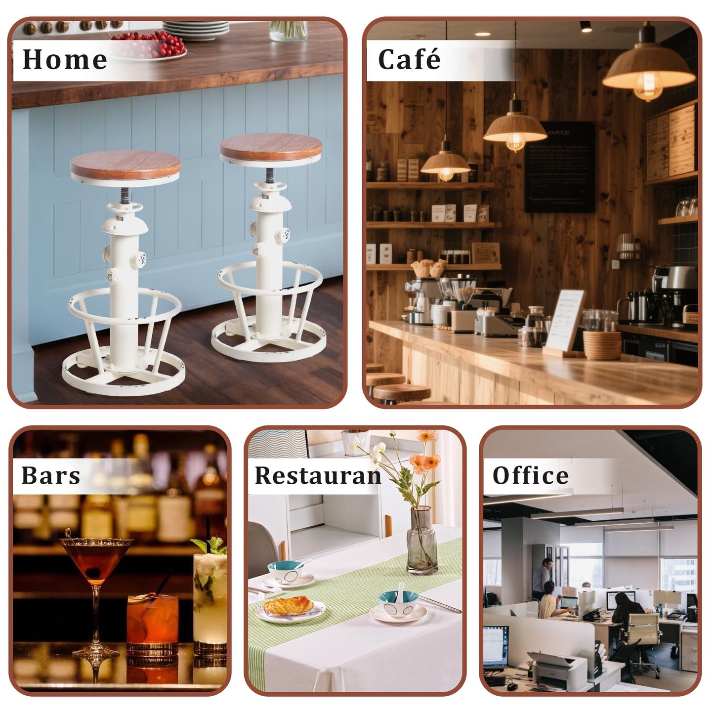 Topower Aged Antique Industrial Round Bottom Adjustable Height Cafe Coffee Retro Vintage Stylish Water Pipe Design Pub Kitchen Bar Stool (Antique White, Wooden Top)