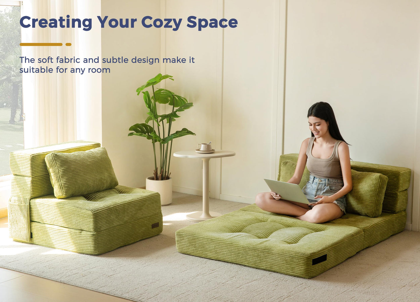 MAXYOYO Convertible Sofa Bed, Fold Out Loveseat Sleeper Sofa with Pillow, 4 in 1 Tufted Folding Couch Bed Foam Floor Couch, Lazy Chair for Living Room Bedroom Guest Room, Green