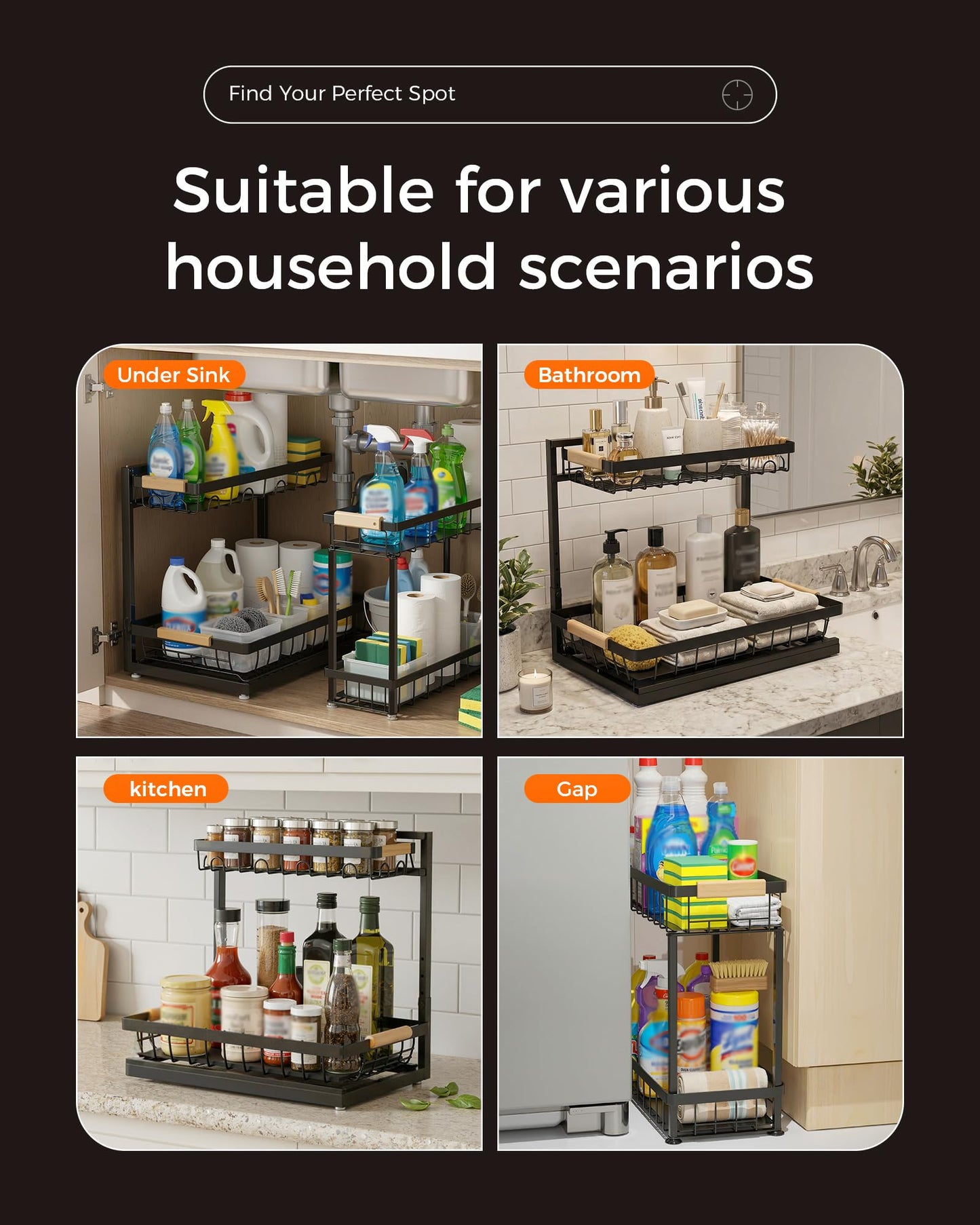 Sevenblue 2 Packs Under Sink Organizer, Height Adjustable 2 Tier Under Kitchen Sink Organizer, Multi-Purpose Storage Shelf for Kitchen Bathroom Cabinet (Black, Large)